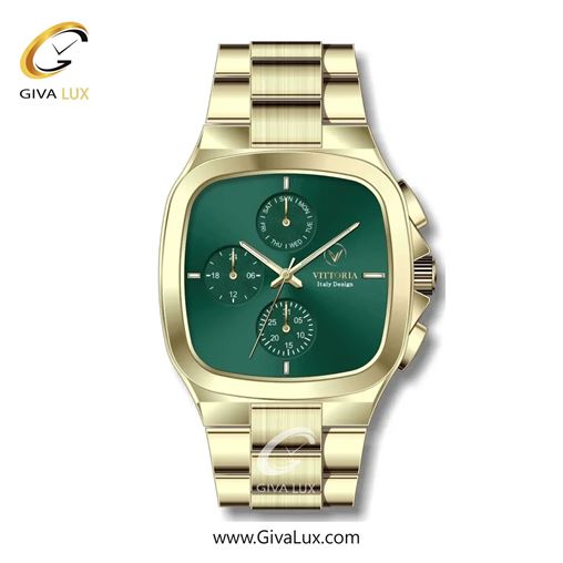 ساعت مچی اورجینال مردانه ویتوریا | Vittoria سه موتوره فول تایم طلایی | طلایی| سبز یشمی تیره| کد رفرنس VT3185