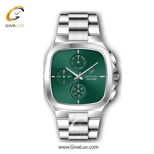 ساعت مچی اورجینال مردانه ویتوریا | Vittoria سه موتوره فول تایم نقره ای | نقره ای| سبز یشمی تیره| کد رفرنس VT3185