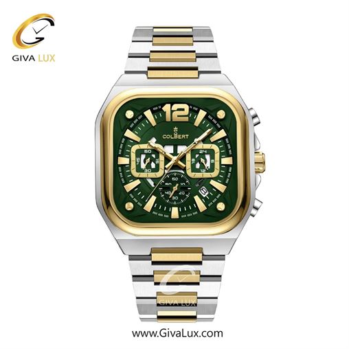 ساعت مچی اورجینال مردانه کلبرت COLBERT سه موتوره کرنوگراف نقره ای-طلایی | طلایی-نقره ای| سبز یشمی تیره| کد رفرنس 0357M