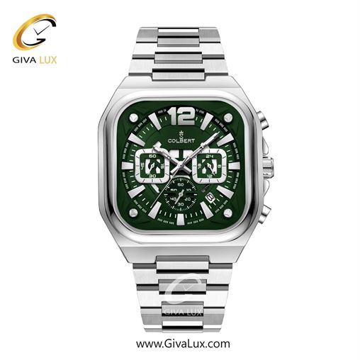 ساعت مچی اورجینال مردانه کلبرت COLBERT سه موتوره کرنوگراف نقره ای | نقره ای| سبز یشمی تیره| کد رفرنس 0357M
