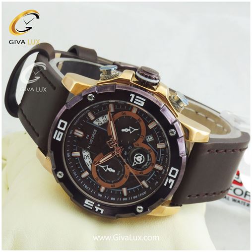 ساعت مچی مردانه سه موتوره کورنو گراف بند چرمی قهوه ای ناوی فورس