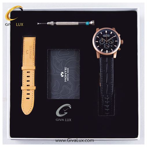 پک کادویی ساعت مچی مردانه بند چرمی مشکی سه موتوره کرنوگراف مونته با بند اضافه  M751340 BLRGL 56070-1.jpg