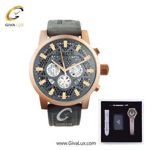 پک کادویی ساعت مچی مردانه سه موتوره کرنوگراف بند چرمی طوسی مونته با بند اضافه  M751340 GRAYRG