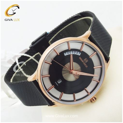 ساعت مچی مردانه بند حصیری فلزی مشکی ناوی فورس مدل NF3007