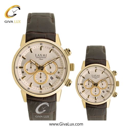 ساعت مچی اورجینال ست لاکسمی سه موتوره کرنوگراف طلایی | قهوه ای| شامپاینی| کد رفرنس زنانه: 8546-12L ، مردانه: 8546-12G