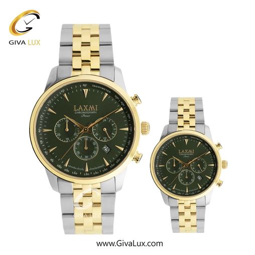 ساعت مچی اورجینال ست لاکسمی سه موتوره کرنوگراف طلایی | طلایی-نقره ای| سبز یشمی تیره| کد رفرنس زنانه: 8563-5L ، مردانه: 8563-5G