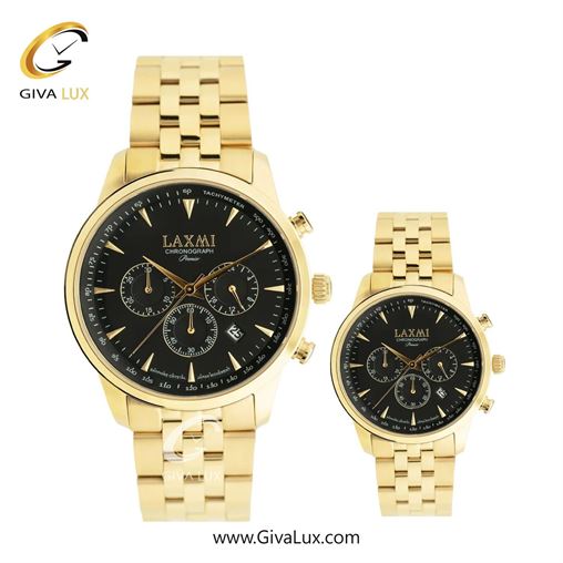 ساعت مچی اورجینال ست لاکسمی سه موتوره کرنوگراف طلایی | طلایی| مشکی| کد رفرنس زنانه: 8563-8L ، مردانه: 8563-8G