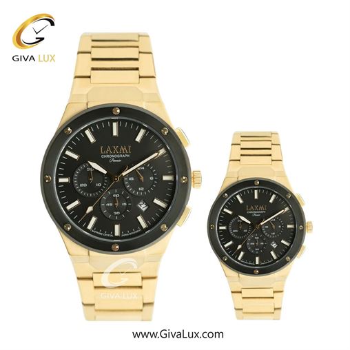 ساعت مچی اورجینال ست لاکسمی سه موتوره کرنوگراف مشکی | طلایی| مشکی| کد رفرنس زنانه:8568-7L، مردانه:8568-7G