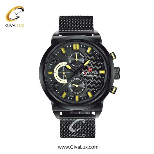 ساعت مچی مردانه سه موتوره فول تایم بند استیل حصیری مشکی ناوی فورس (نیوی فورس) NF9068 B/Y/B 9068BYB.jpg