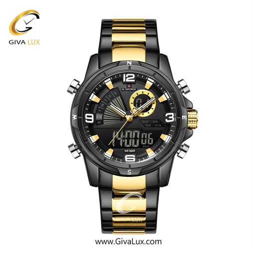 ساعت مچی اورجینال مردانه ناوی فورس|Naviforce|نوی فورس|نیوی فورس دو زمانه مشکی | طلایی-مشکی| مشکی| کد رفرنس NF9257 B/G/B