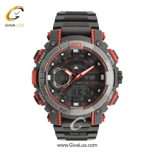 ساعت مچی اورجینال مردانه کرست دو زمانه نقره ای-قرمز-مشکی | مشکی| مشکی| کد رفرنس Crest 9509-1