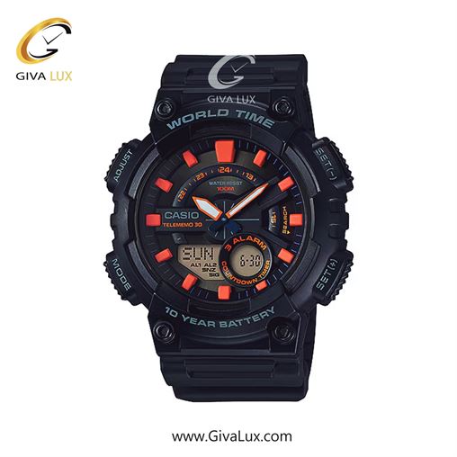 ساعت مچی اورجینال مردانه کاسیو Casio دو زمانه | مشکی| نارنجی-مشکی| کد رفرنس AEQ-110W-1A2VDF