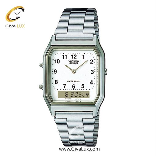 ساعت مچی اورجینال زنانه-یونیسکس-مردانه کاسیو Casio دو زمانه نقره ای | نقره ای| سفید| کد رفرنس AQ-230A-7BMQ