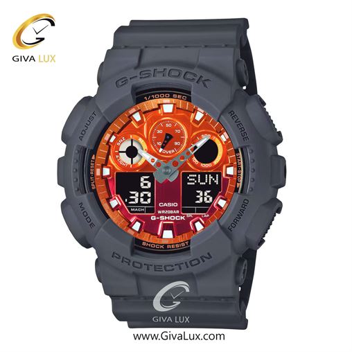 ساعت مچی اورجینال مردانه کاسیو Casio دو زمانه طوسی | طوسی| نارنجی-زرشکی| کد رفرنس جی شاک G-Shock GA-100FL-8A
