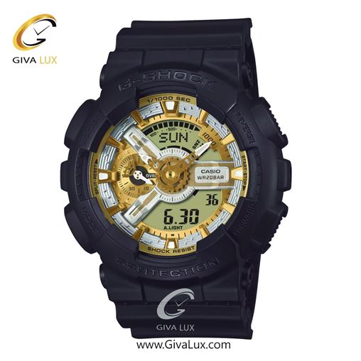 ساعت مچی اورجینال مردانه کاسیو Casio دو زمانه مشکی | مشکی| طلایی-نقره ای| کد رفرنس جی شاک G-Shock GA-110CD-1A9DR