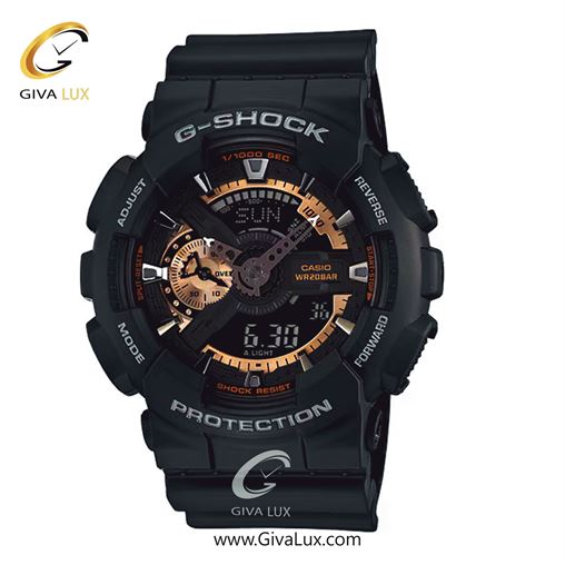 ساعت مچی اورجینال مردانه کاسیو Casio دو زمانه مشکی | مشکی| مشکی| کد رفرنس جی شاک G-Shock GA-110RG-1A