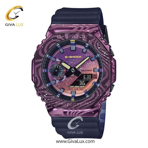 ساعت مچی اورجینال مردانه کاسیو Casio دو زمانه بنفش | سرمه ای| بنفش-رزگلد| کد رفرنس جی شاک G-Shock GM-2100MWG-1ADR