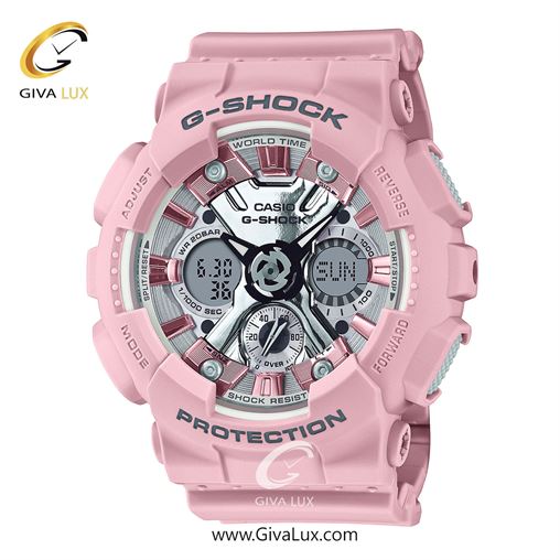 ساعت مچی اورجینال زنانه کاسیو Casio دو زمانه صورتی | صورتی| نقره ای| کد رفرنس جی شاک G-Shock GMA-S120NP-4ADR