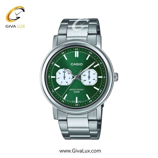 ساعت مچی اورجینال مردانه کاسیو Casio سه موتوره فول تایم نقره ای | نقره ای| سبز| کد رفرنس MTP-E335D-3EVDF
