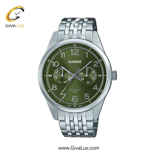ساعت مچی اورجینال مردانه کاسیو Casio سه موتوره فول تایم نقره ای | نقره ای| سبز| کد رفرنس MTP-E340D-3AV
