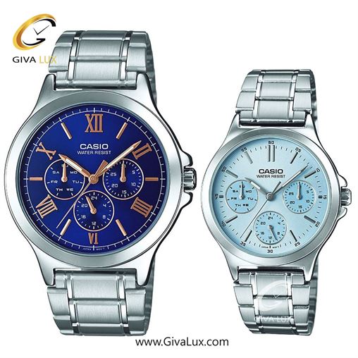 ساعت مچی اورجینال ست کاسیو Casio سه موتوره فول تایم نقره ای | نقره ای| آبی| کد رفرنس زنانه: LTP-V300D-2AUDF، مردانه: MTP-V300D-2AUDF