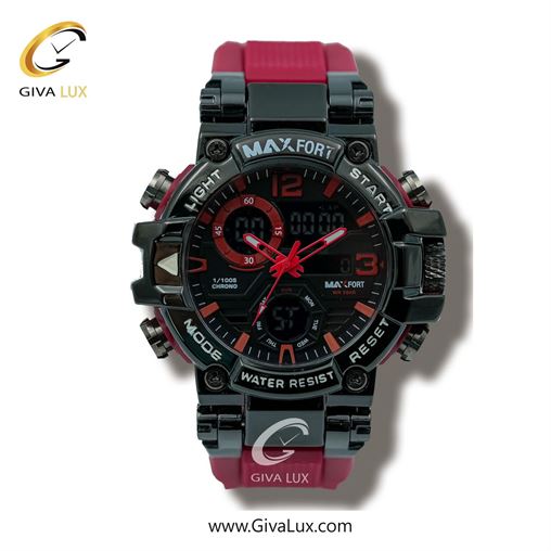 ساعت مچی اورجینال مردانه مکس فورت (MAXFORT) دو زمانه مشکی | قرمز| مشکی| کد رفرنس MX8110-1-0