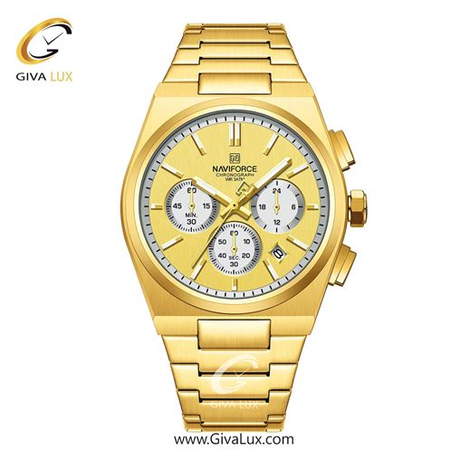 ساعت مچی اورجینال ناوی فورس مردانه سه موتوره کرنوگراف طلایی | طلایی | طلایی | کد رفرنس NF8048-G/G/G