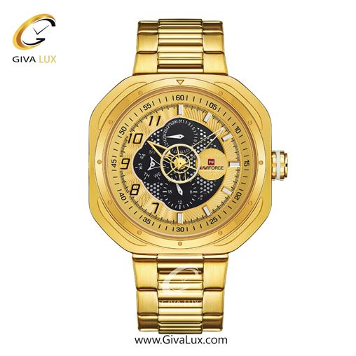 ساعت مچی مردانه بند فلزی طلایی ناوی فورس (نیوی فورس) کد NF9141-RG/W/B NF9141-GWG.jpg