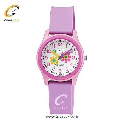 ساعت مچی اورجینال بچه گانه کیو اند کیو Q&Q صورتی-بنفش | یاسی| گلدار/طرحدار-سفید| کد رفرنس VS59J004Y