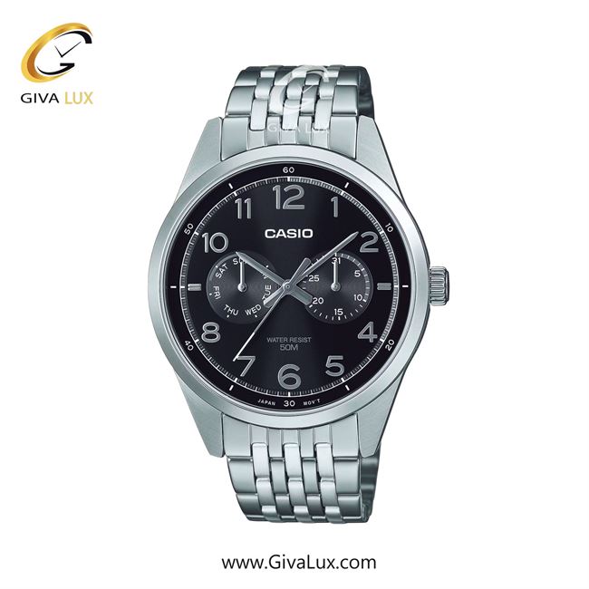 ساعت مچی اورجینال مردانه کاسیو Casio سه موتوره فول تایم نقره ای | نقره ای| مشکی| کد رفرنس MTP-E340D-1AVDF