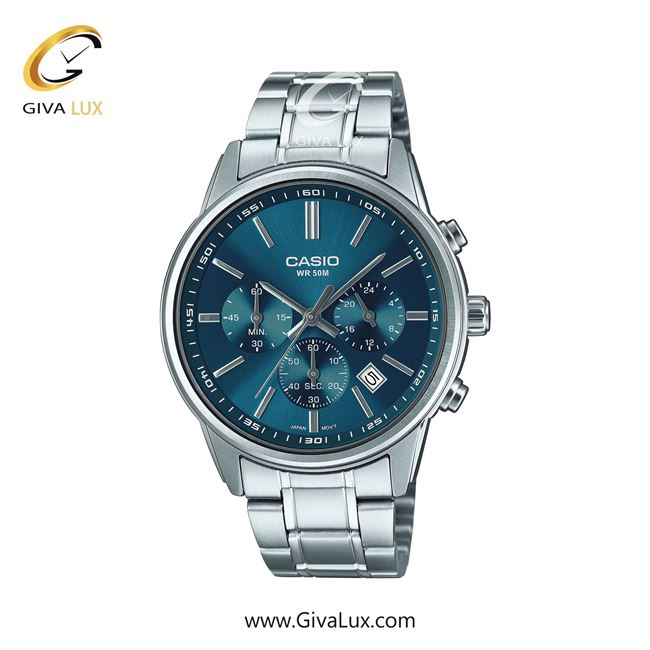 ساعت مچی اورجینال مردانه کاسیو Casio سه موتوره کرنوگراف نقره ای | نقره ای| آبی| کد رفرنس MTP-E515D-2A1VDF