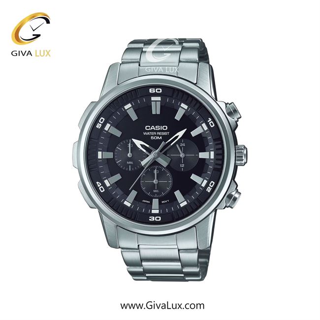 ساعت مچی اورجینال مردانه کاسیو Casio سه موتوره کرنوگراف نقره ای | نقره ای| مشکی| کد رفرنس MTP-E505D-1AVDF